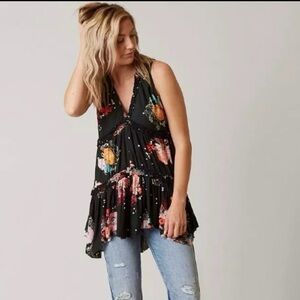 Free People Purple Haze Baby Doll Ruffled Floral V Neck Top Large Spring Boho